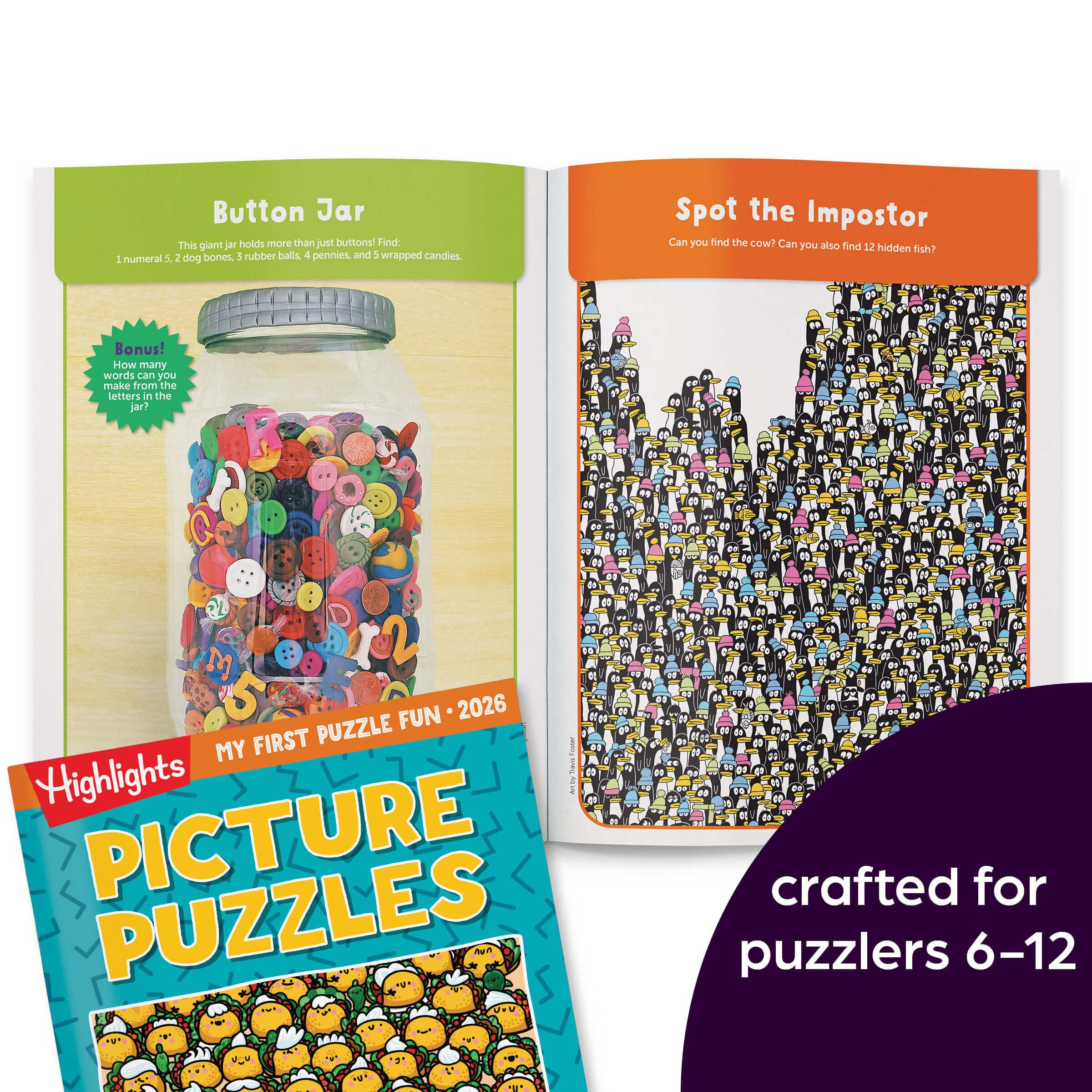 Word Puzzles pages with crosswords and scrambles from Highlights 2026 set