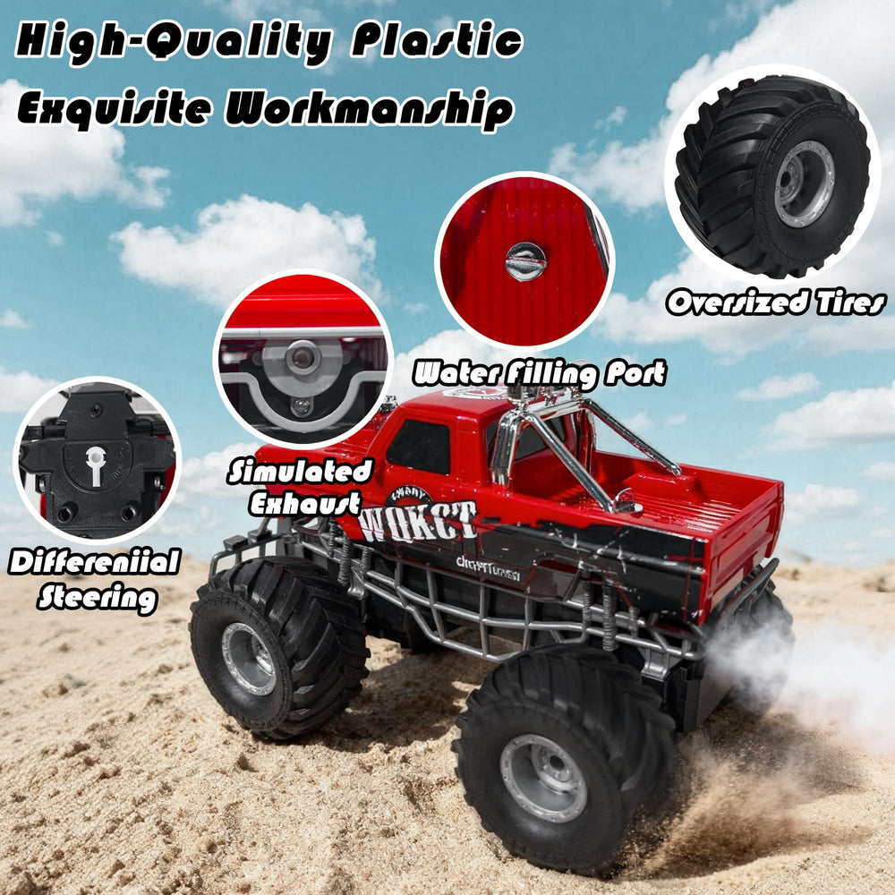 Highmall Highspeed entry red RC monster truck 4WD conquers grass and gravel.