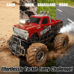 Highmall Highspeed entry red RC monster truck spray device in action.