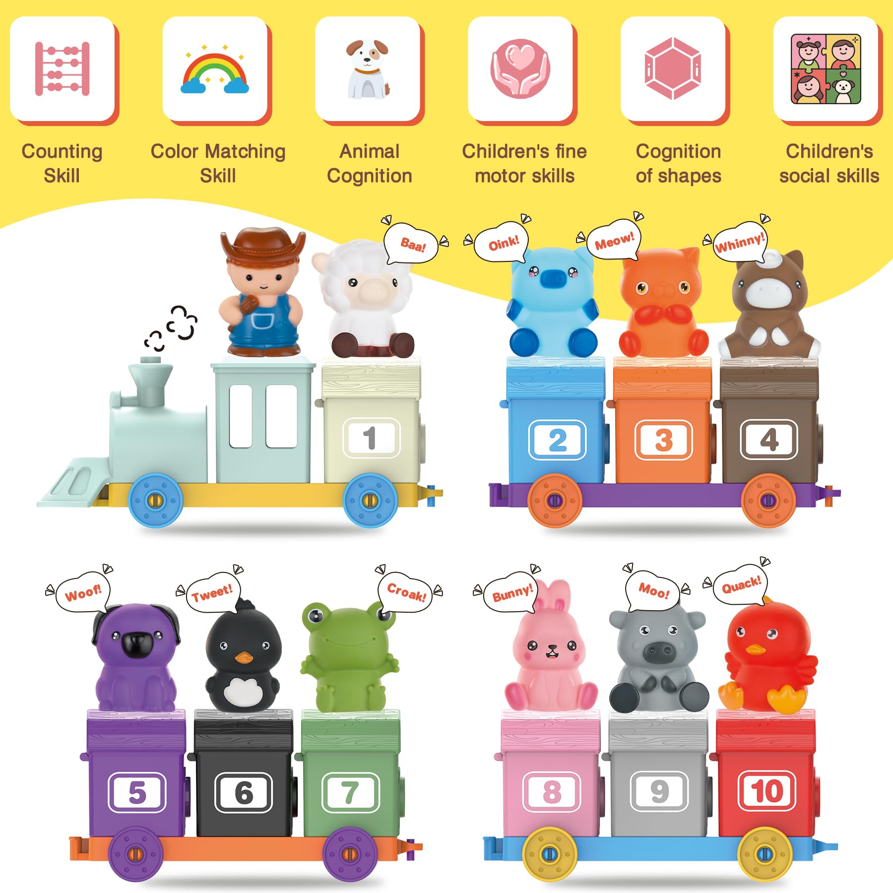 Hiheyhigh Farm Train wagon carriage 1 with animal figures for sorting and early math exploration.