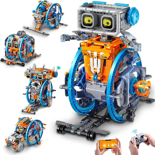 HiWEEGO RC robot in a 5-in-1 model kit ready for building