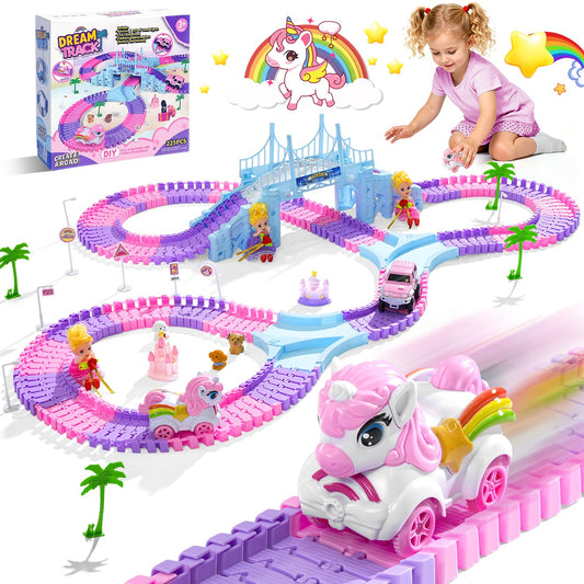 Hiketrax Unicorn Race Tracks set assembled, inspiring imaginative building play for kids.