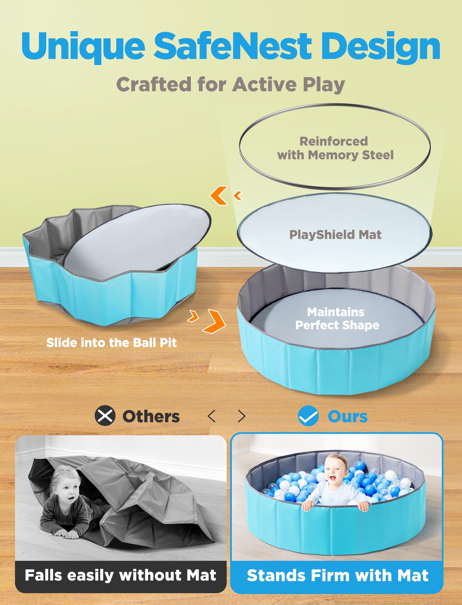 Hikiddy foldable ball pit blue for quick setup and storage