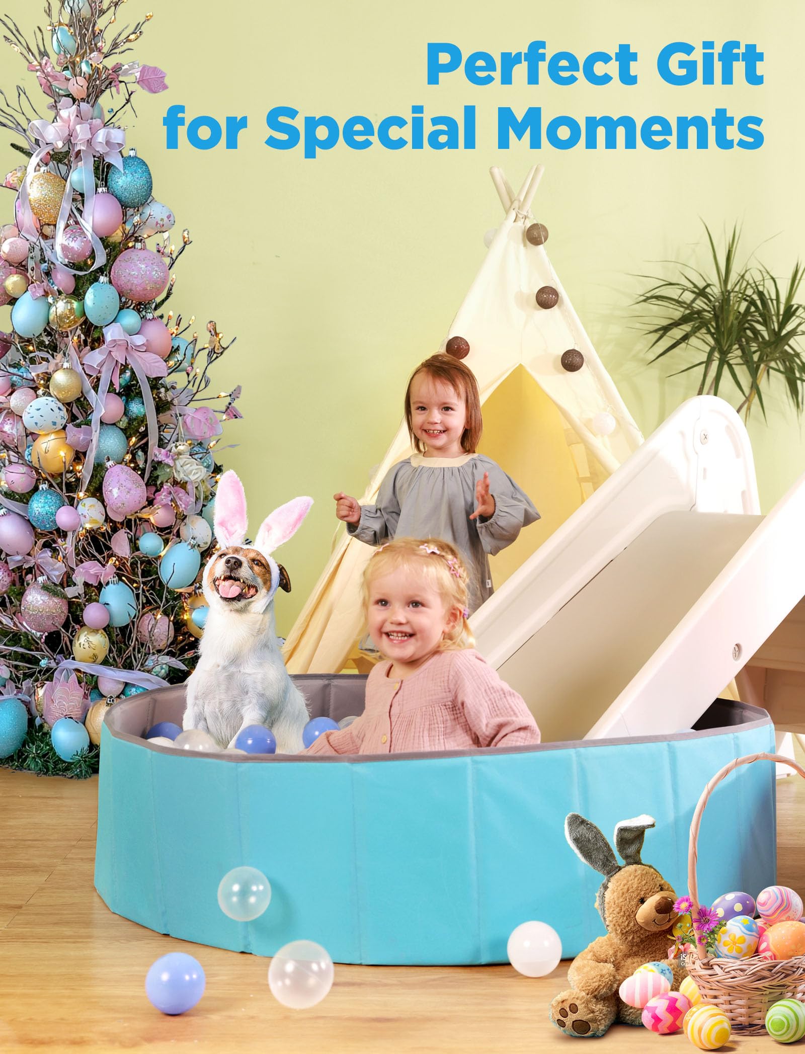Hikiddy blue ball pit includes storage bag for portability