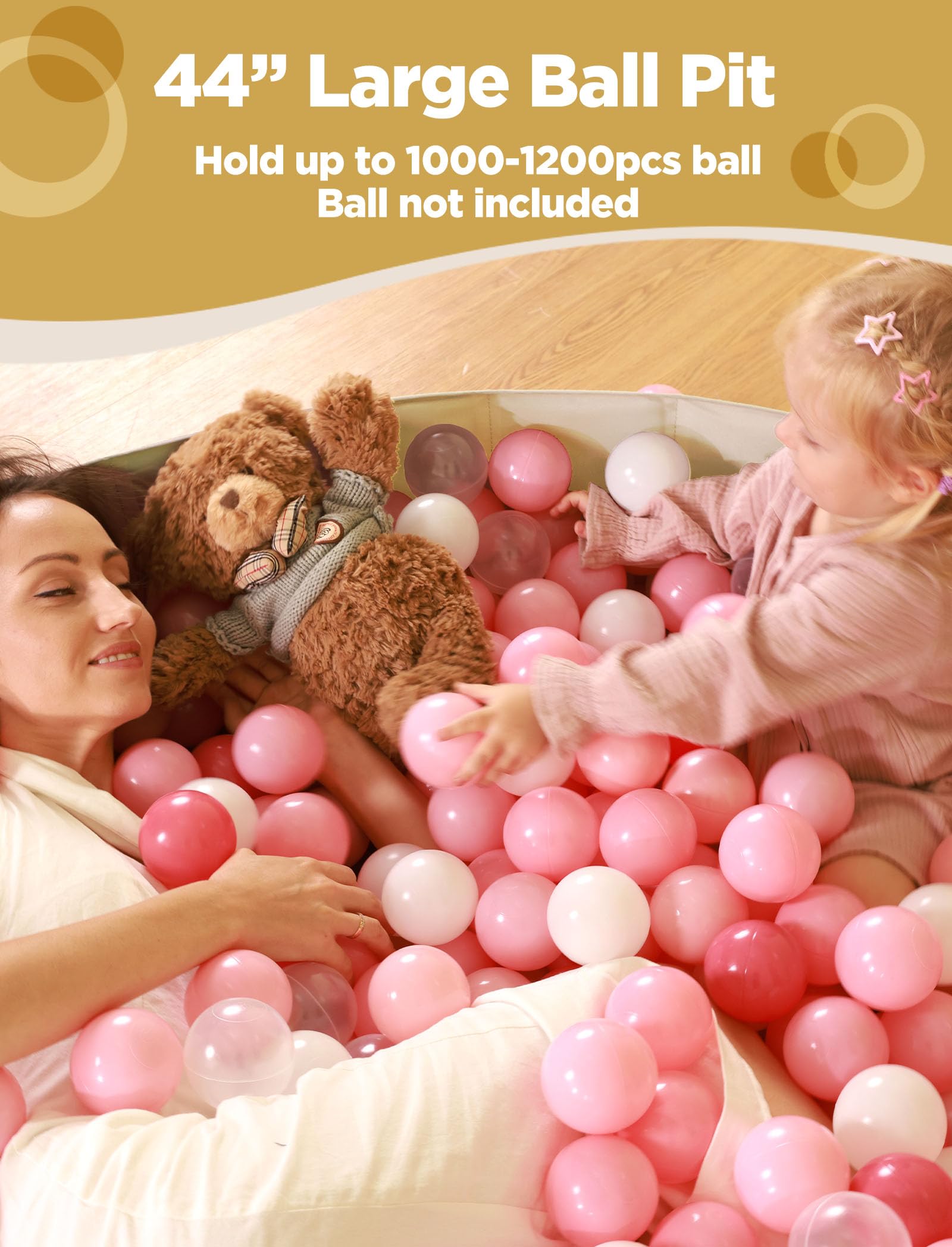 Beige Hikiddy ball pit with oxford cloth and eco coating for safety.