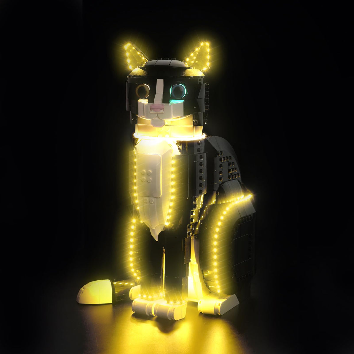 Hilighting LED light kit for Lego Tuxedo Cat enhances display with vibrant illumination