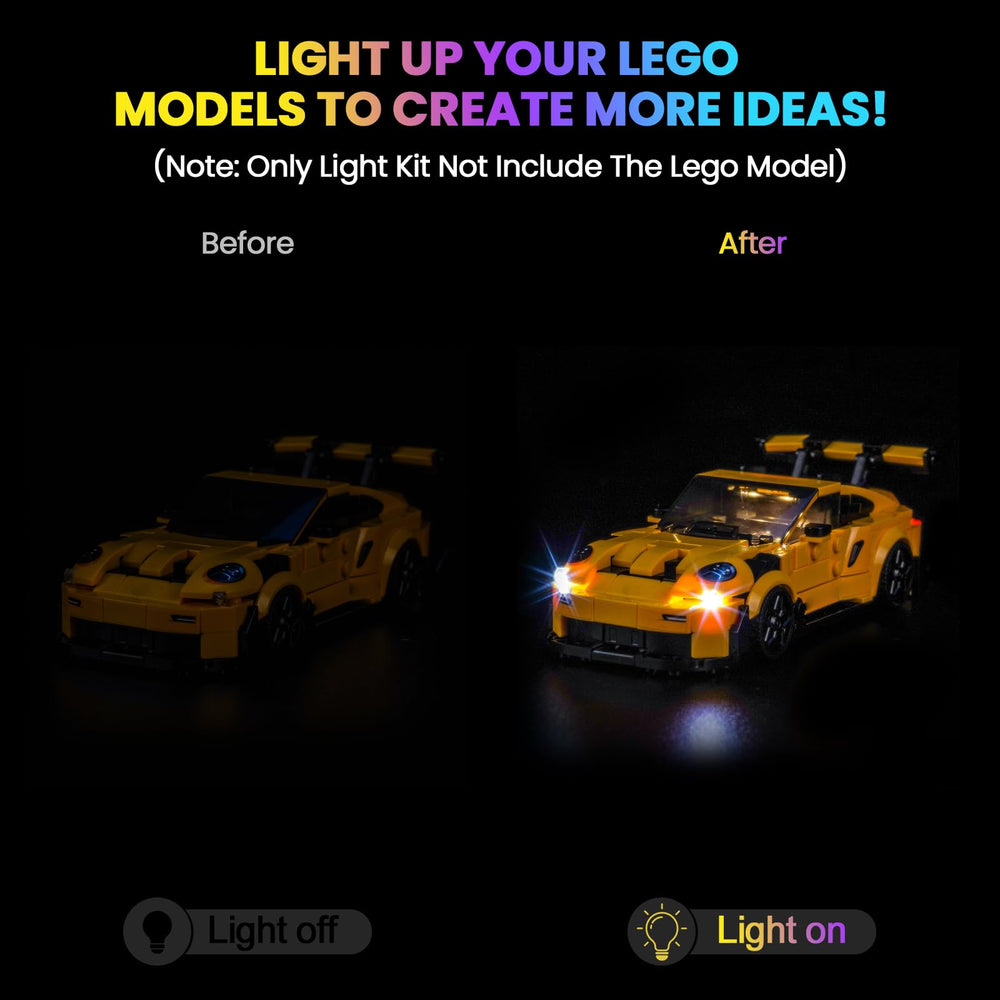 Hilighting LED Light Kit highlights brick-built Porsche showcase with bright, steady illumination.