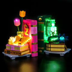 Hilighting LED light kit for Glinda and Elphaba bookends in assembly mode enhances display.