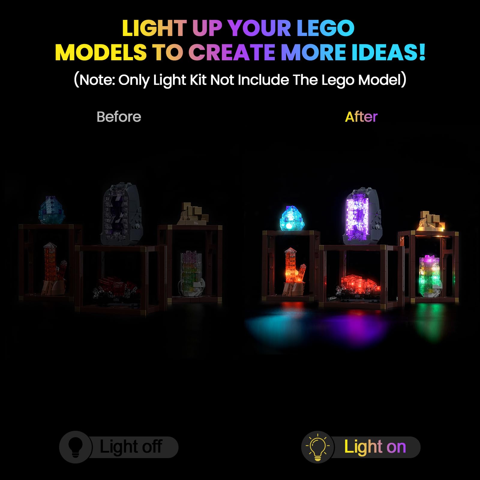 Hilighting LED light kit in use with Lego Mineral Collection showcases vibrant illumination for playtable setups.