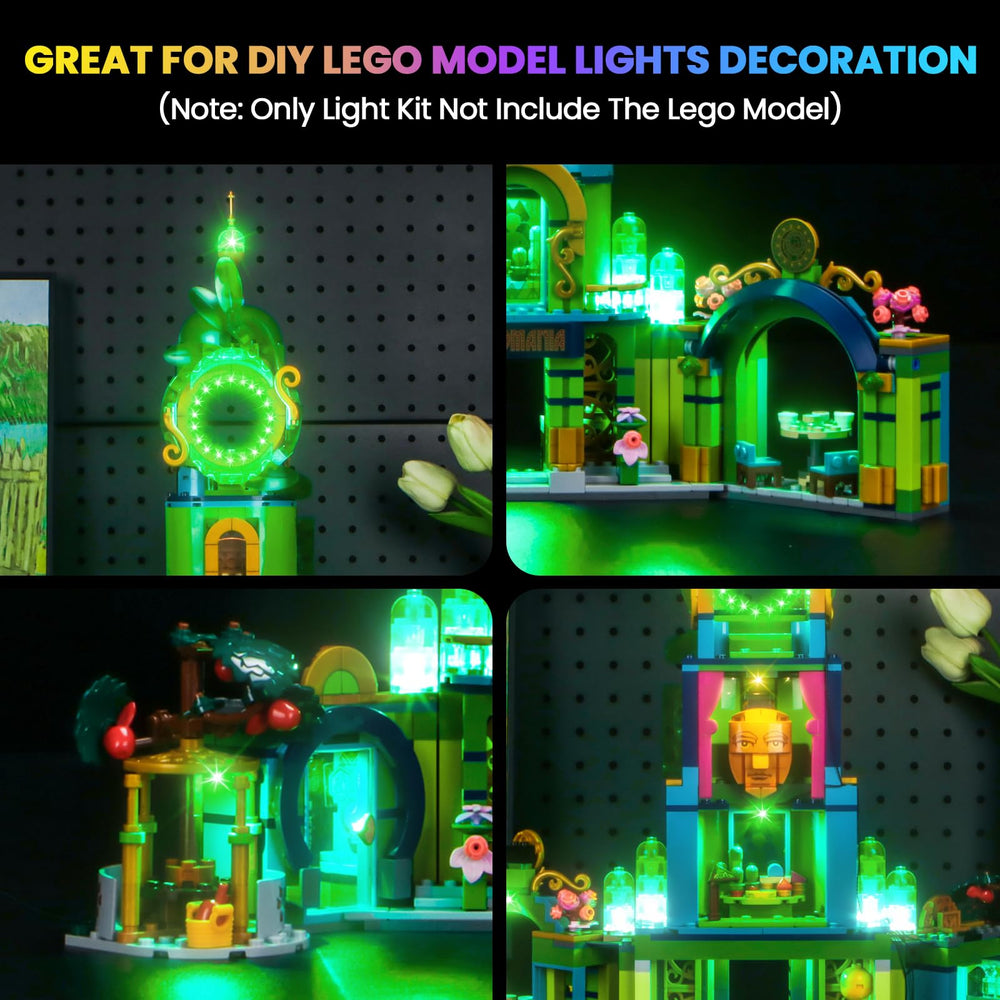 Hilighting LED light kit in use adds vibrant lighting to Lego Emerald City.