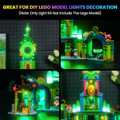 Hilighting LED light kit in use adds vibrant lighting to Lego Emerald City.