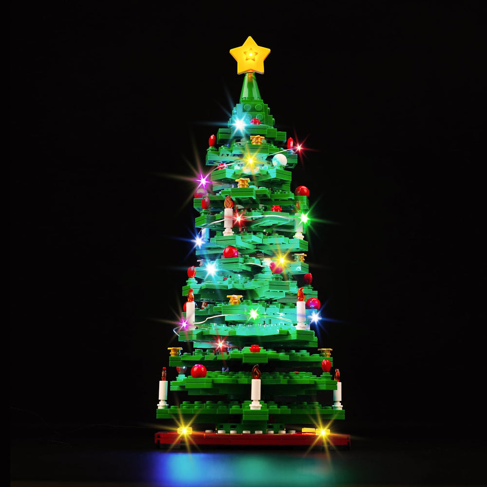 Hilighting LED light kit for LEGO Christmas Tree overview enhances display with vibrant lighting.