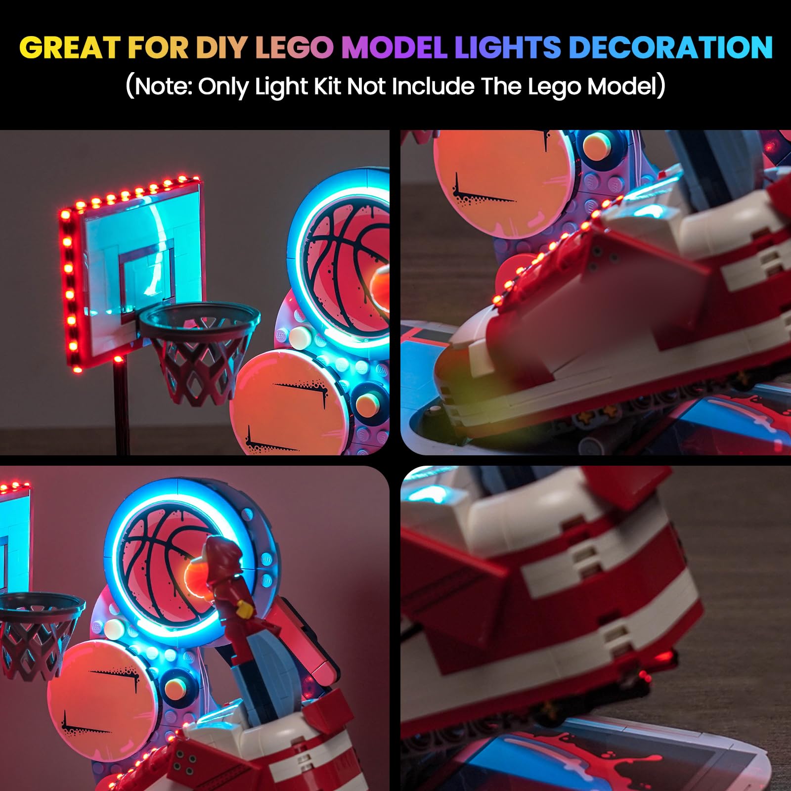 Hilighting LED light kit uses durable materials to illuminate Lego Nike Dunk Trickshot with lasting shine