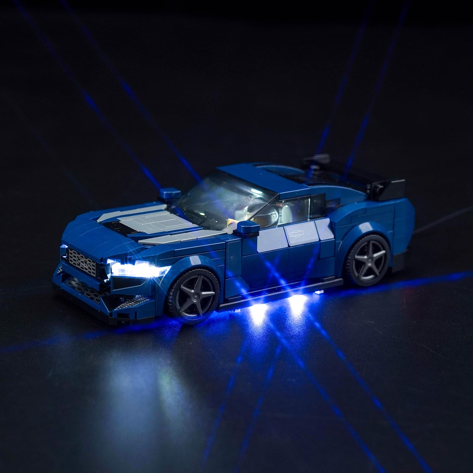 Hilighting LED light kit on Lego Speed Champions Mustang for vibrant detail illumination