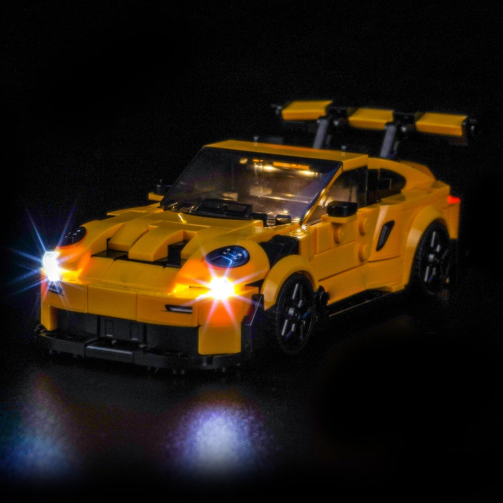Hilighting LED Light Kit for Lego Speed Champions Porsche 911 GT3 RS assembly glows vividly.