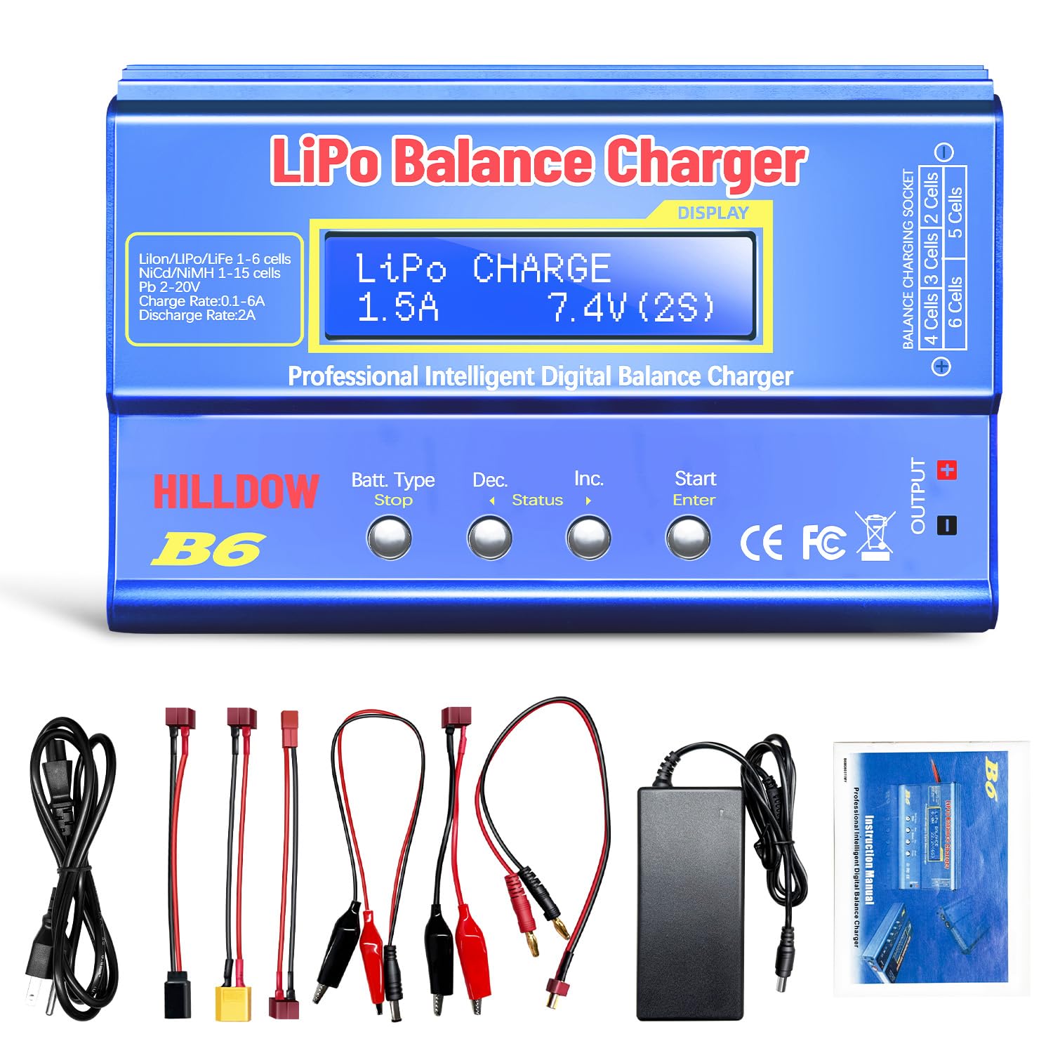 Hilldow B6 charger front view with compact design and LCD display for easy setup