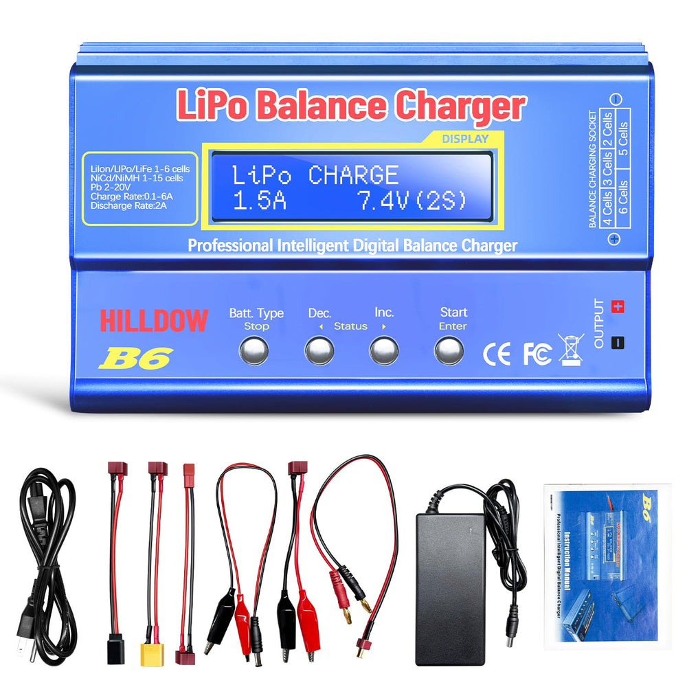 Hilldow B6 charger front view with compact design and LCD display for easy setup