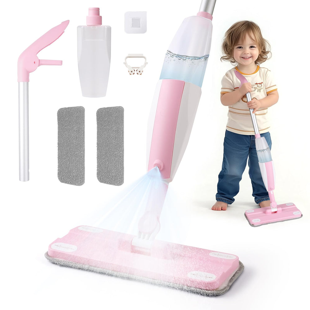 Hilsoeet Kids Spray Mop Pink in hand showing kid-friendly design for safe play cleaning.