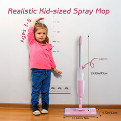 Hilsoeet Kids Spray Mop Pink shows two washable microfiber pads for reusable play cleaning.