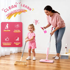 Rotating mop head helps kids reach corners during play cleaning.