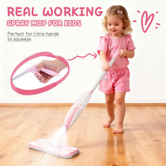 Hilsoeet spray mop demonstrates real spray play for little cleaners.