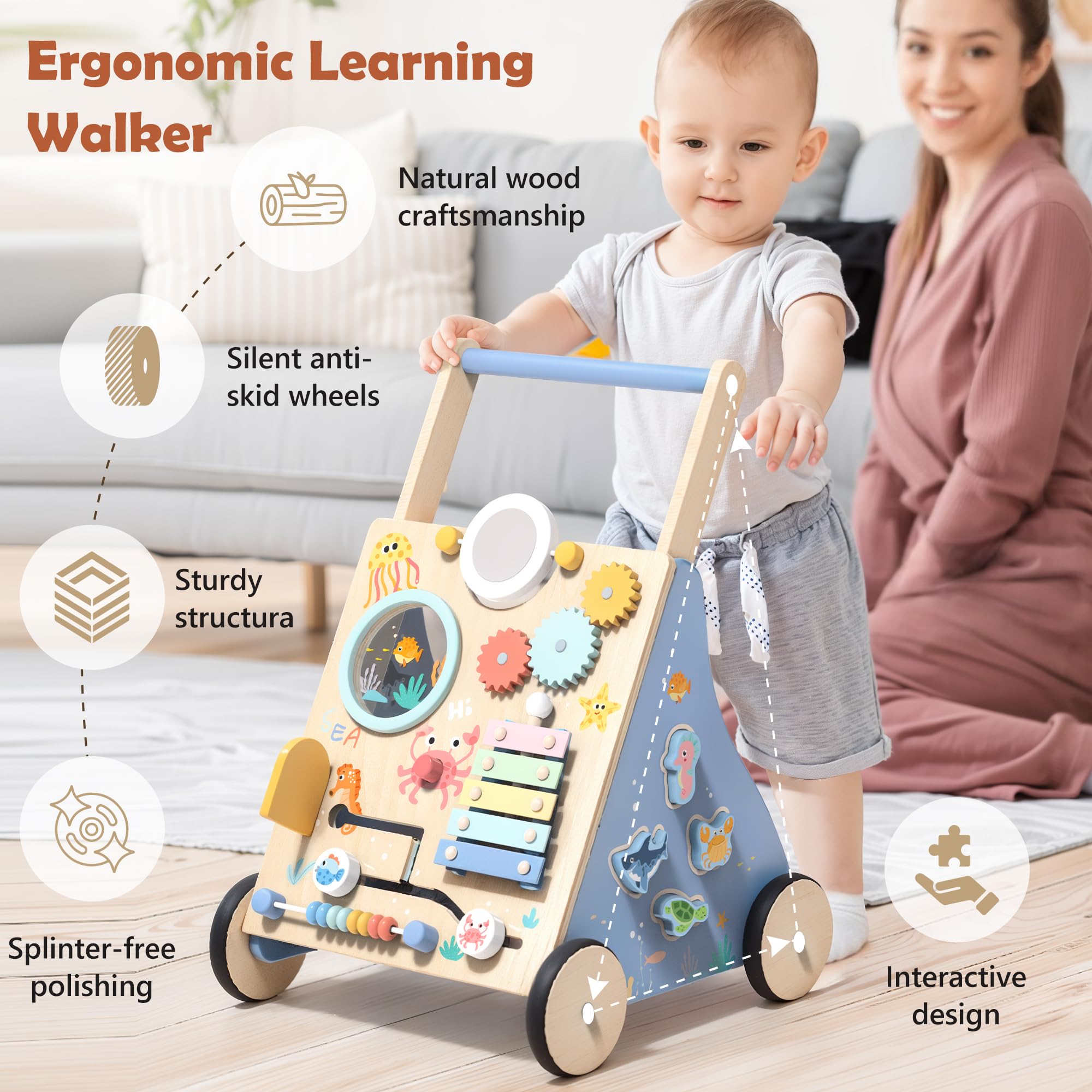Himold wooden walker on hardwood floor demonstrates quiet, smooth movement for calm playtime