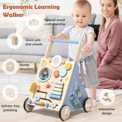 Himold wooden walker on hardwood floor demonstrates quiet, smooth movement for calm playtime