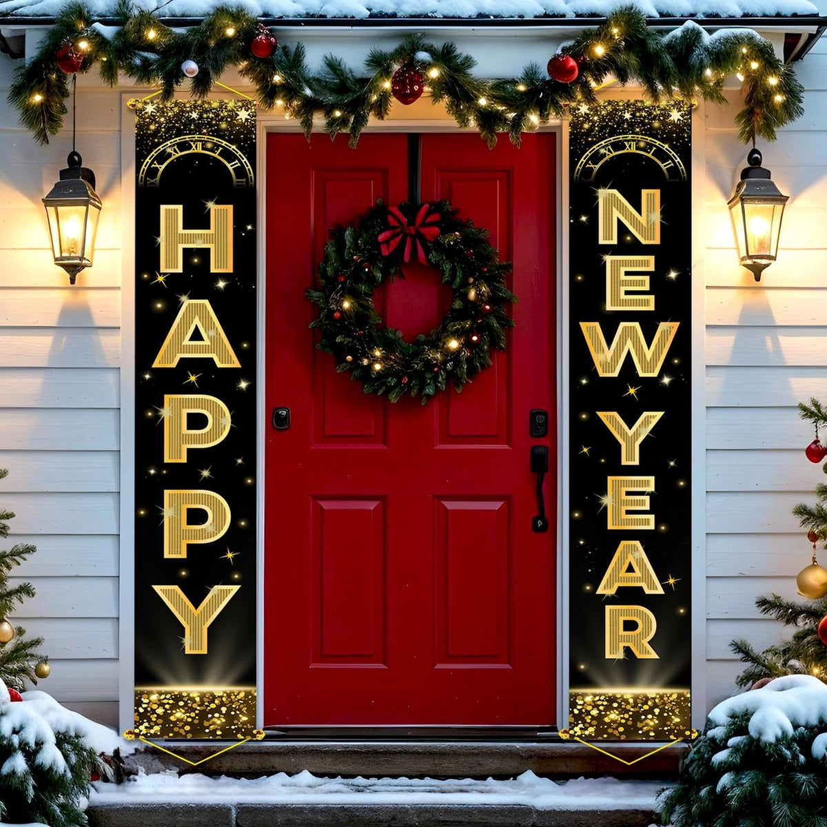 HiParty Happy New Year banner with golden rods, ideal for eye-catching entryway décor.