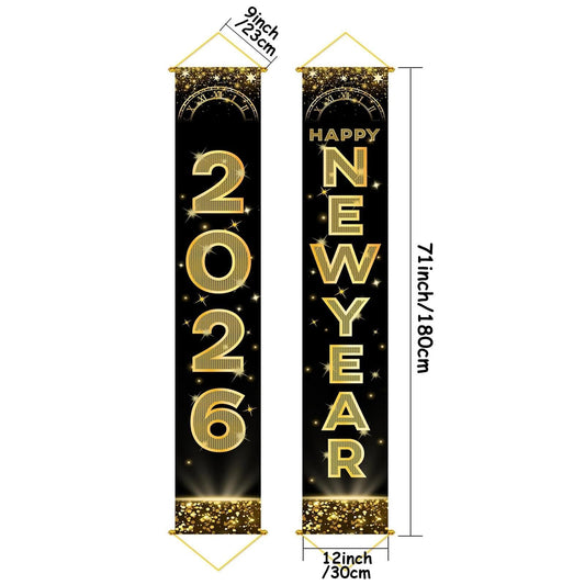 HiParty Happy New Year banner featuring gold letters on 72x12 backdrop