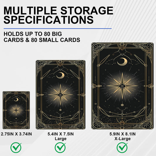 Inside pages show 100-card capacity for large and XL cards