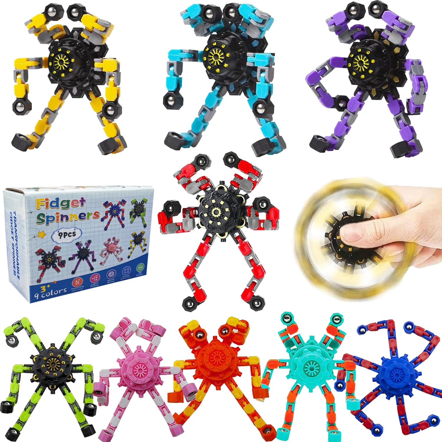 HiQCGS red transformable fidget spinner nine-pack enhances concentration.