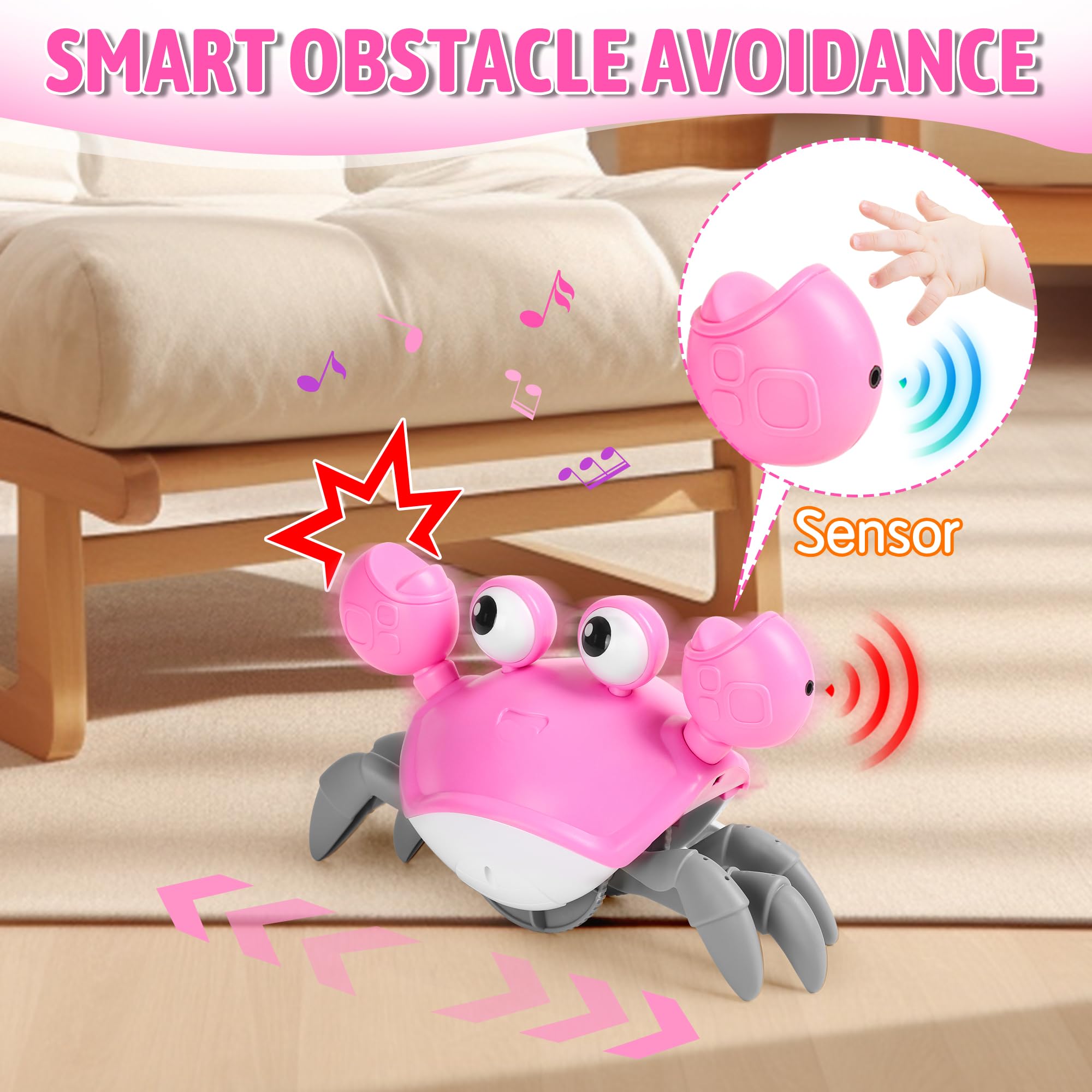 Hirger Crawling Crab Toy in pink tummy time supports head-lift curiosity.