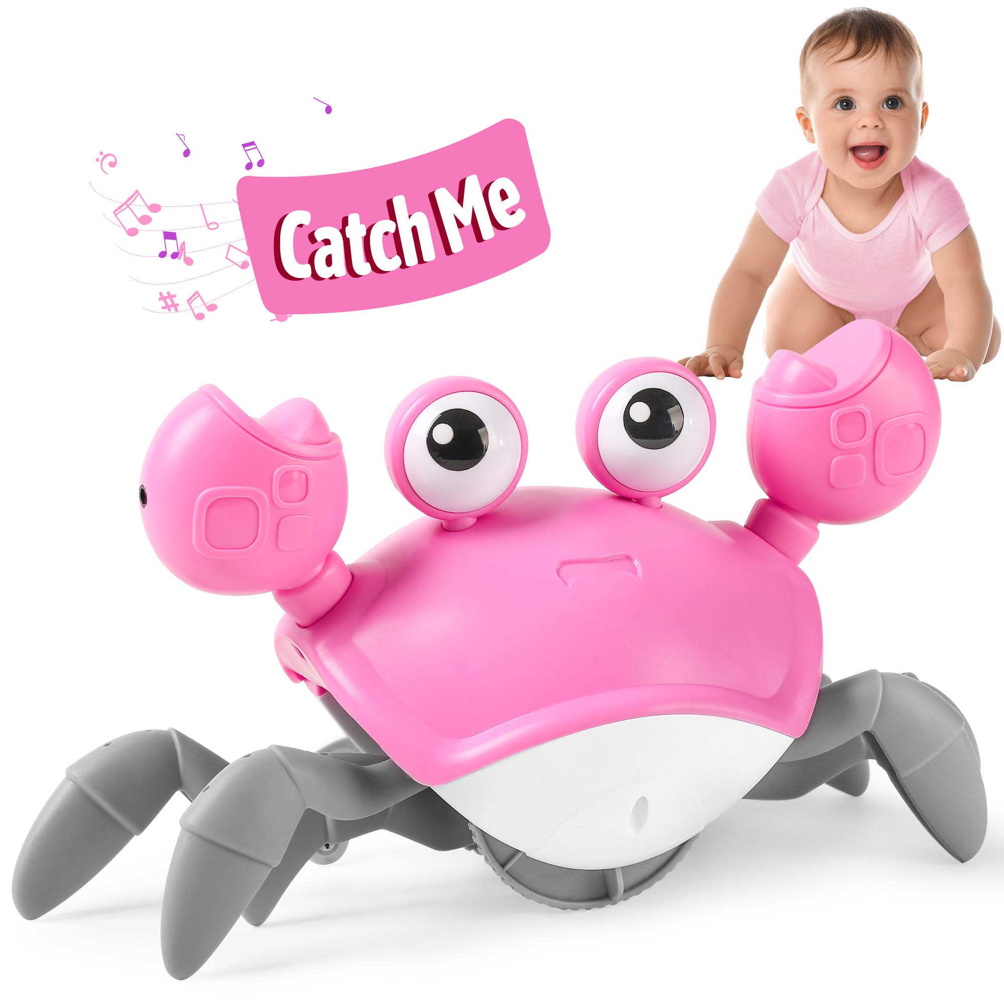 Hirger Crawling Crab Toy in pink walking dancing mode boosts toddler engagement.