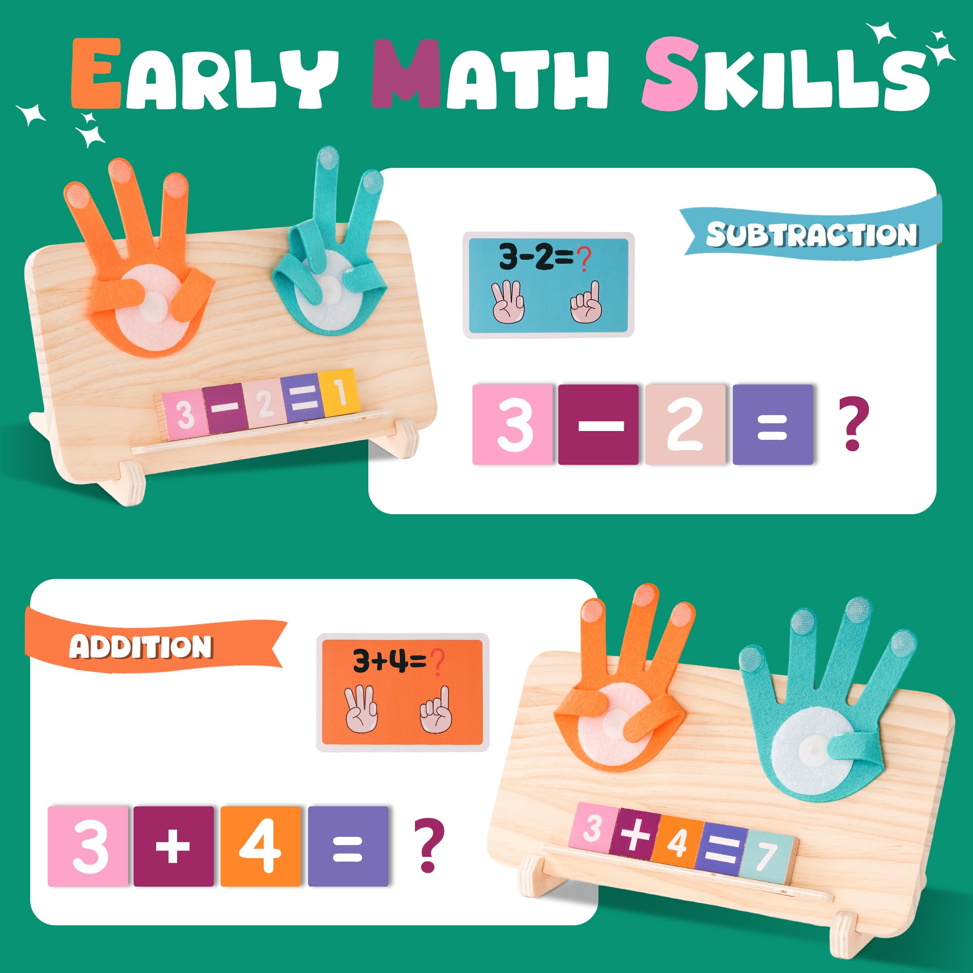 Hirger flash cards encourage quick math recall and visual matching.
