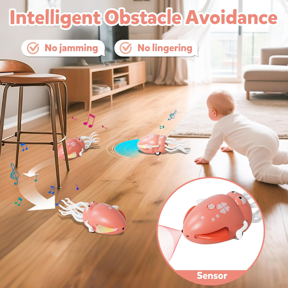 Hirger sensing crawling octopus detects obstacles to encourage safe exploration.