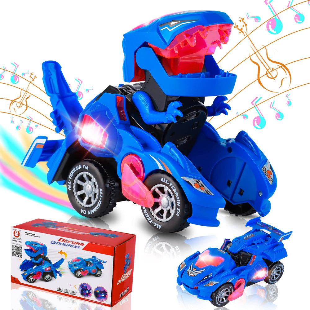 Hirger Transforming Dinosaur Car front view highlights vivid LED lights for nighttime play.