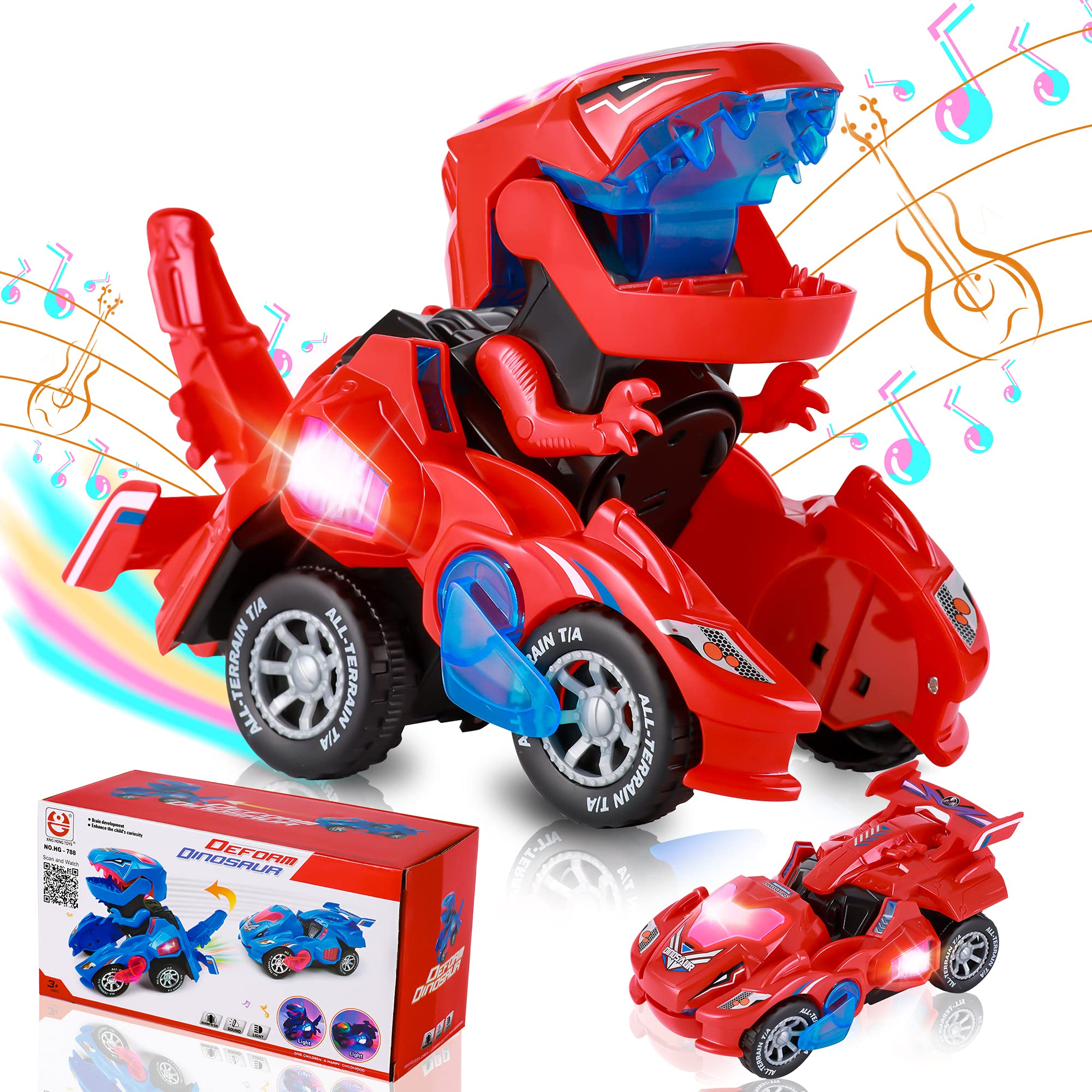 Hirger transforming dinosaur car front view, showcasing seamless 2-in-1 mode for kids.