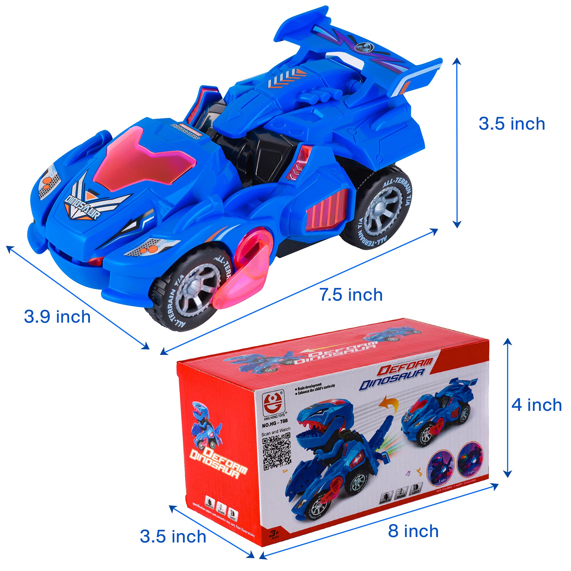 Hirger Transforming Dinosaur Car requires 3 AA batteries powering lights and sounds for longer play.