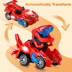 Hirger transforming dinosaur car rear view, highlighting durable toy design.