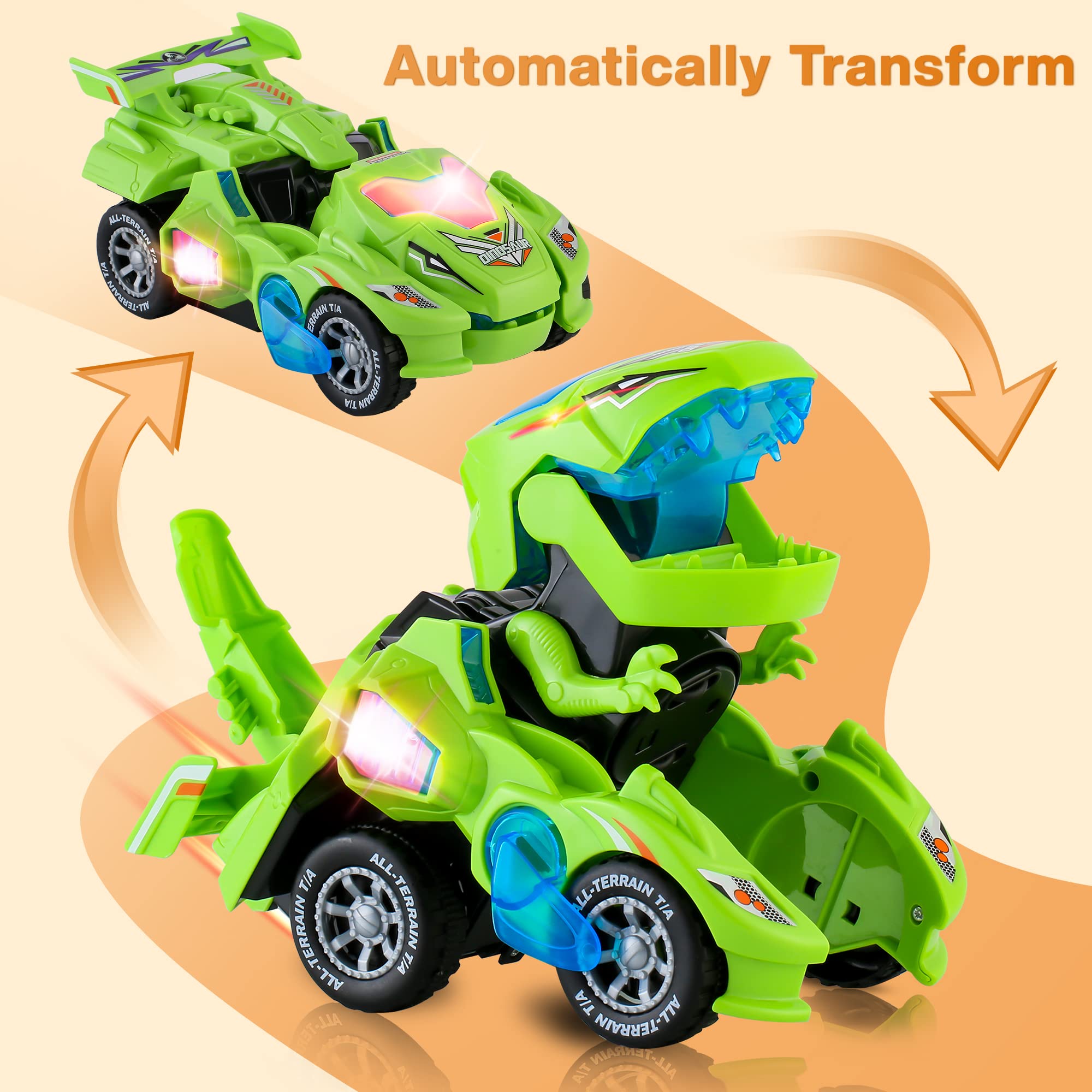 Hirger transforming dinosaur car toy in dinosaur mode with glowing LED lights for night play
