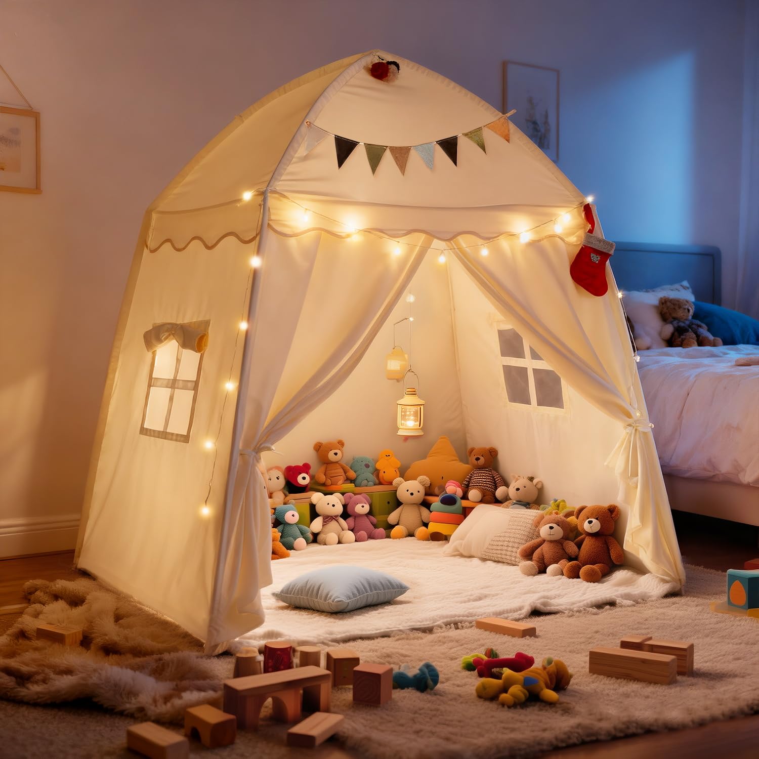 Hiromeco large kids play tent with padded mat and lights for cozy family reading