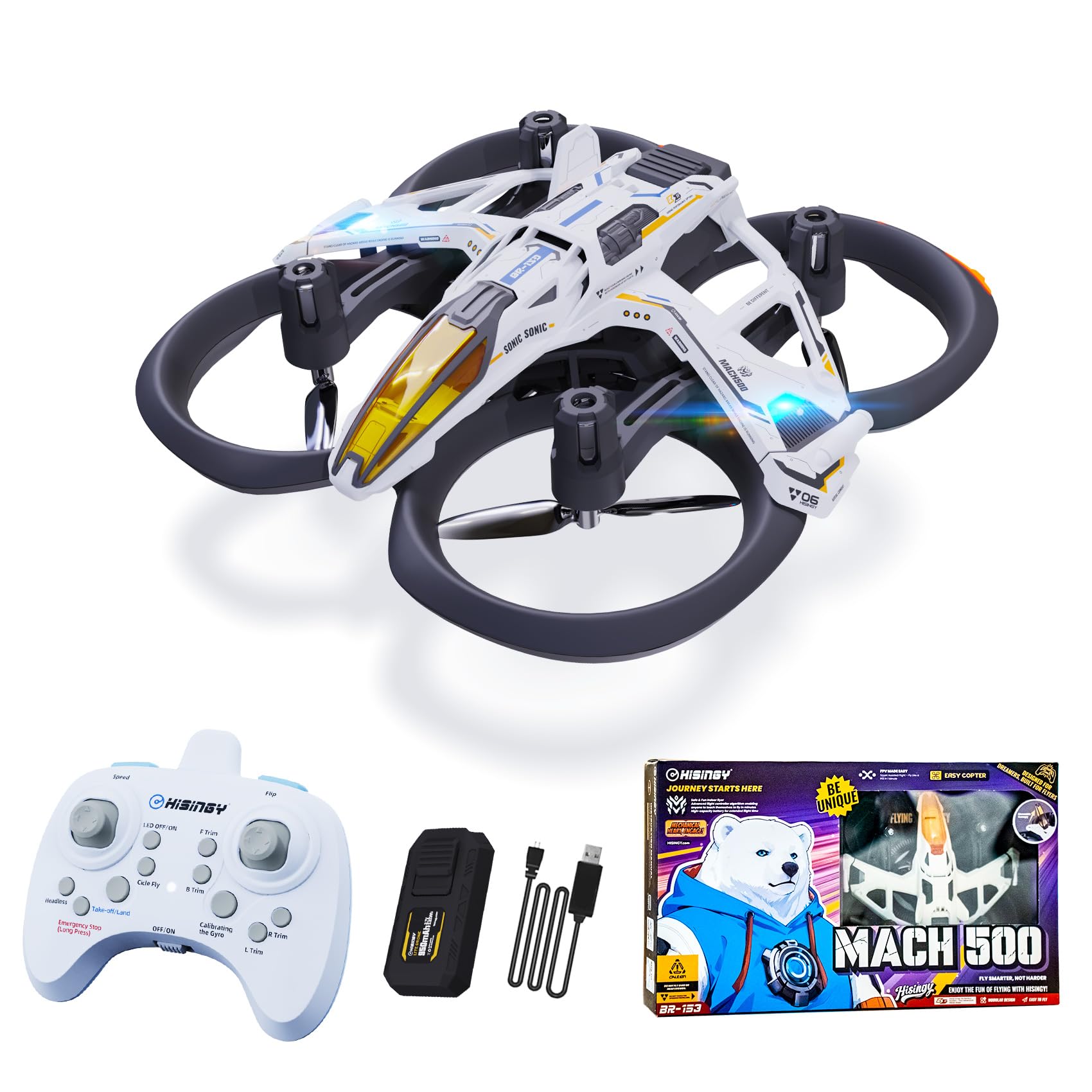 HISINGY MACH 500 drone with LED lights for indoors, smooth beginner flight.