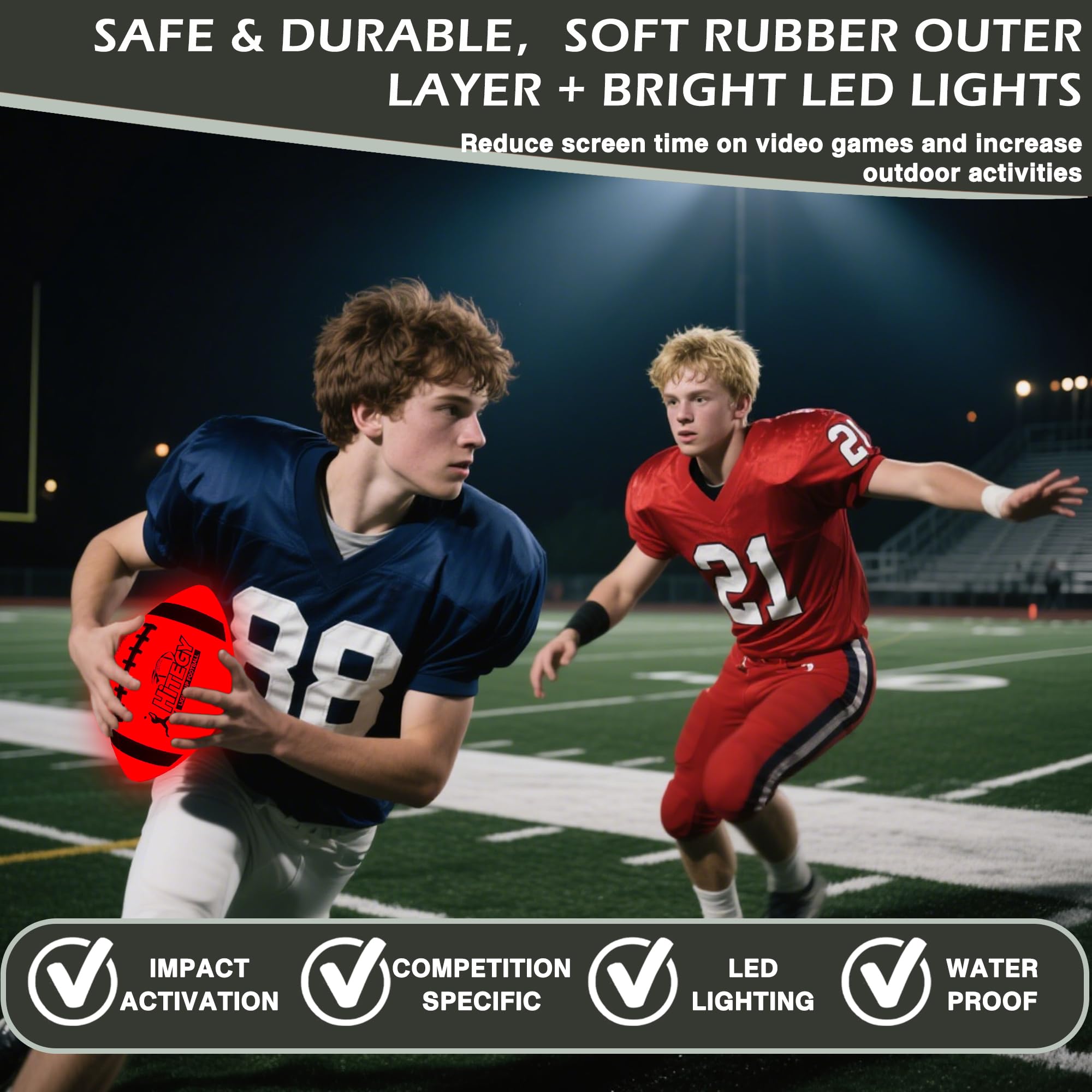 HITEGY Glow-in-dark football shines on catches in low light environments.