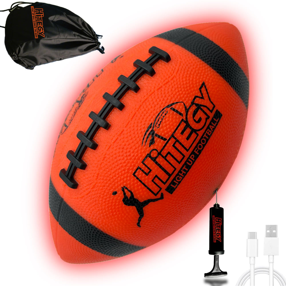 HITEGY Glow Football illuminates the night for backyard play.