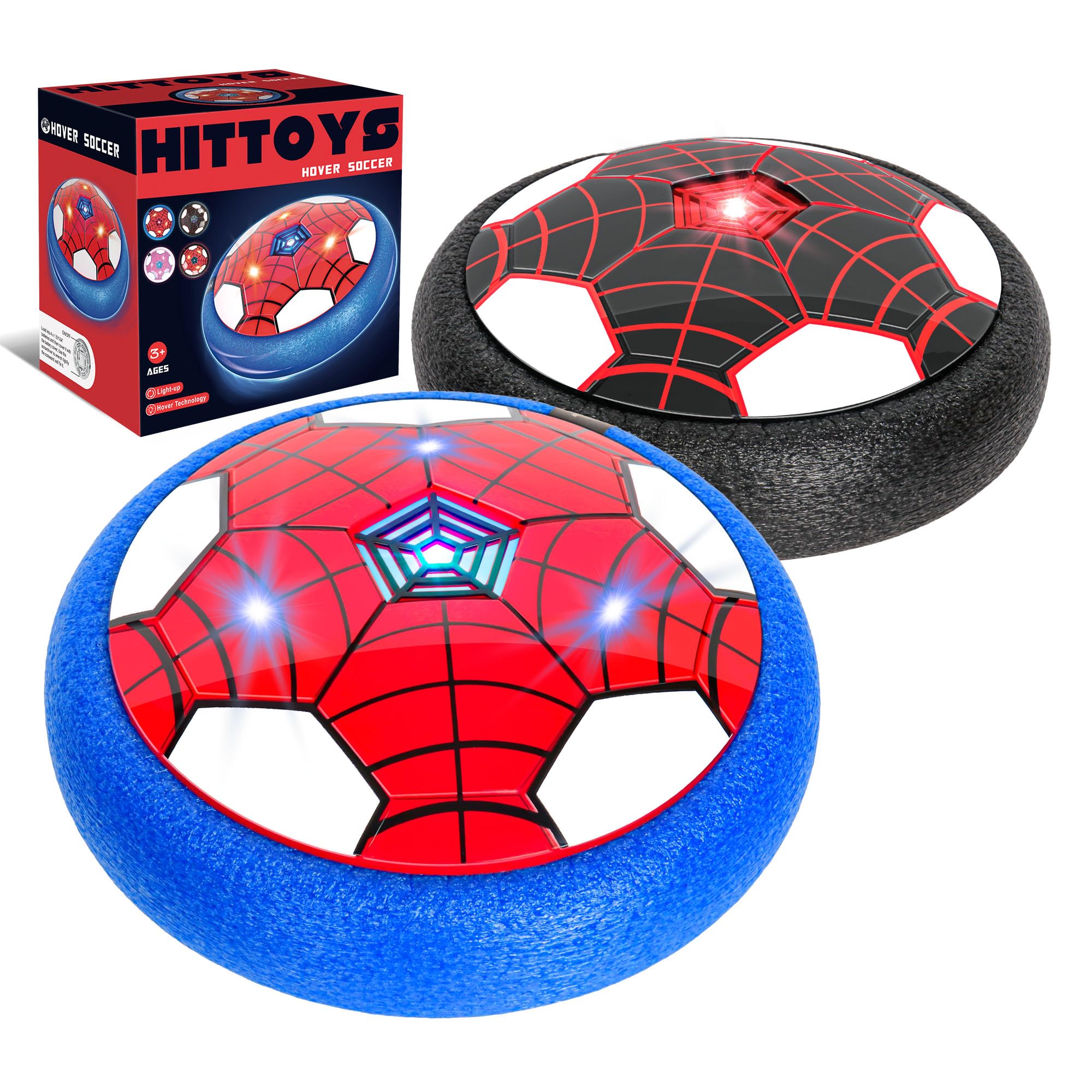 HitToys hover soccer ball with LED lights for indoor play.