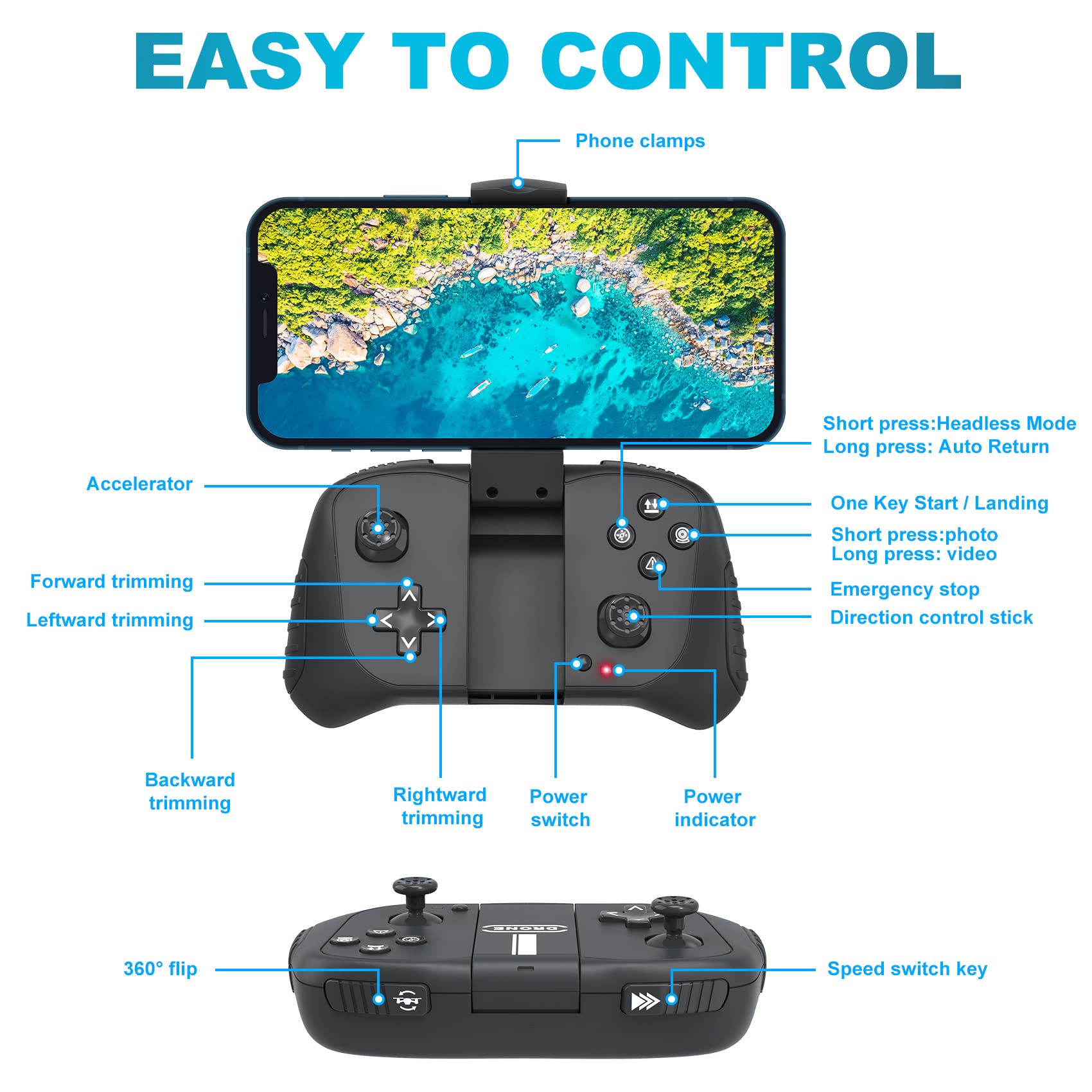 Hiturbo drone beginner-friendly controls with one-key start and app pairing.