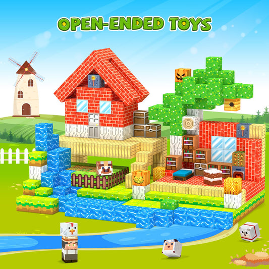 Hiwawind blocks form a farm play scene for imaginative storytelling.