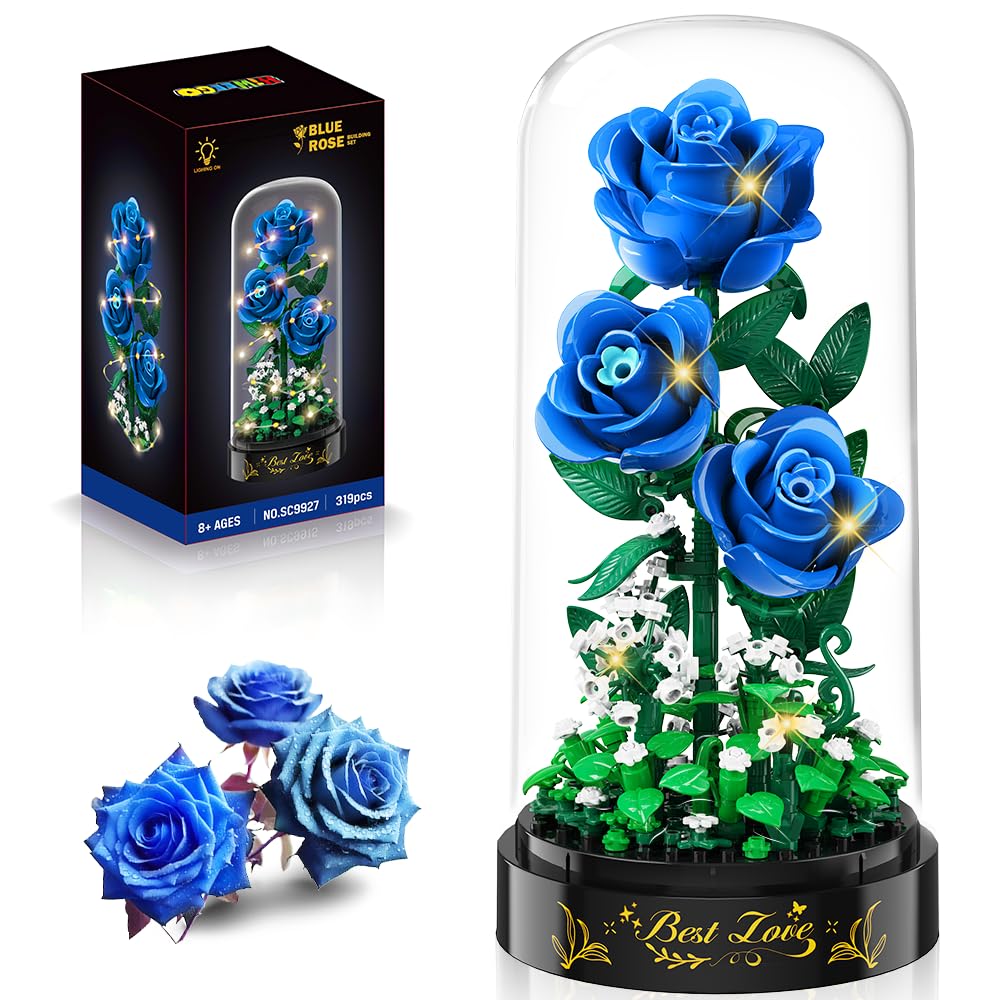HiWEEGO LED blue rose bouquet lighting up a shelf