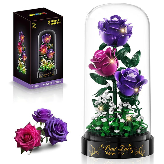 HiWEEGO Flowers Building Set LED purple roses displayed elegantly for home decor