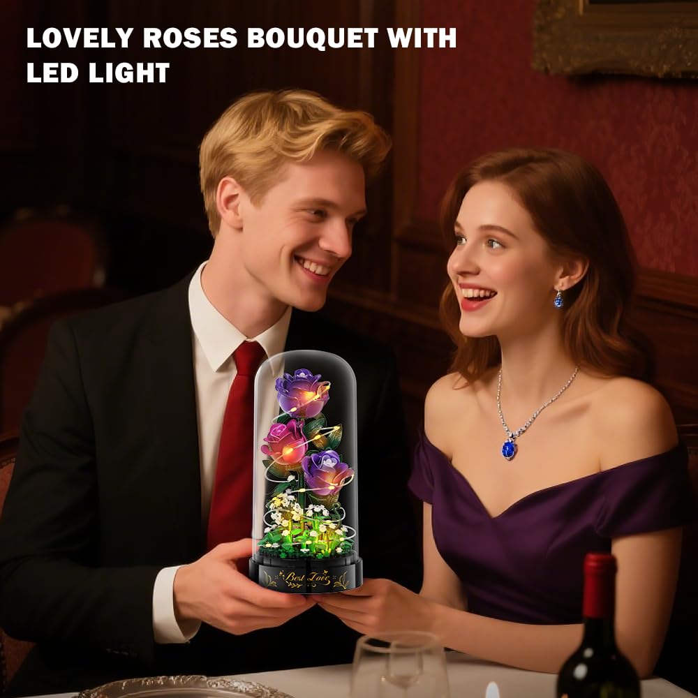 HiWEEGO Flowers Building Set LED red rose with gypsophila for a classy display